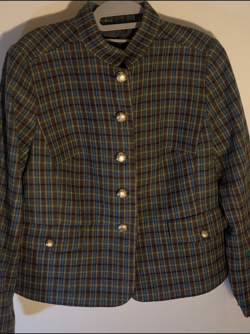 Talbots Plaid Tweed Blazer with Gold Buttons - Blue, Green, Brown